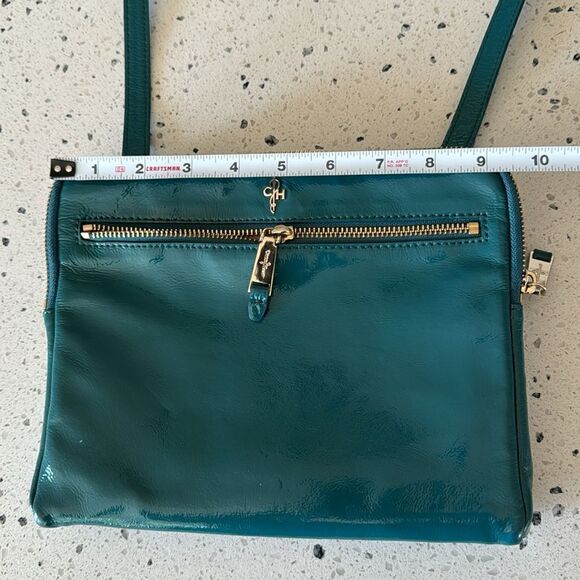 COLE HAAN JITNEY Teal Green Patent Leather Shoulder Purse Top Zip Travel Bag EUC - Picture 6 of 16